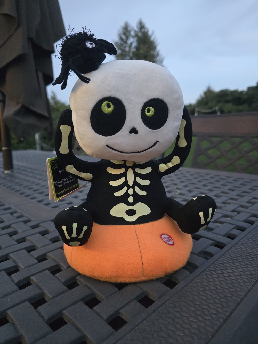 Hallmark Plush Skeleton on Pumpkin; Rotating Head To "Hokey Pokey" Skeleton